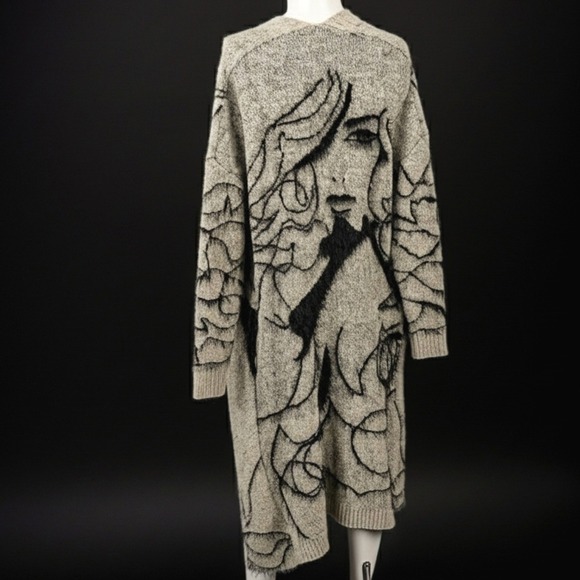 Unbranded Sweaters - Fuzzy Knit Duster Cardigan Woman Face Graphic Artsy Avant Garde Statement S/M